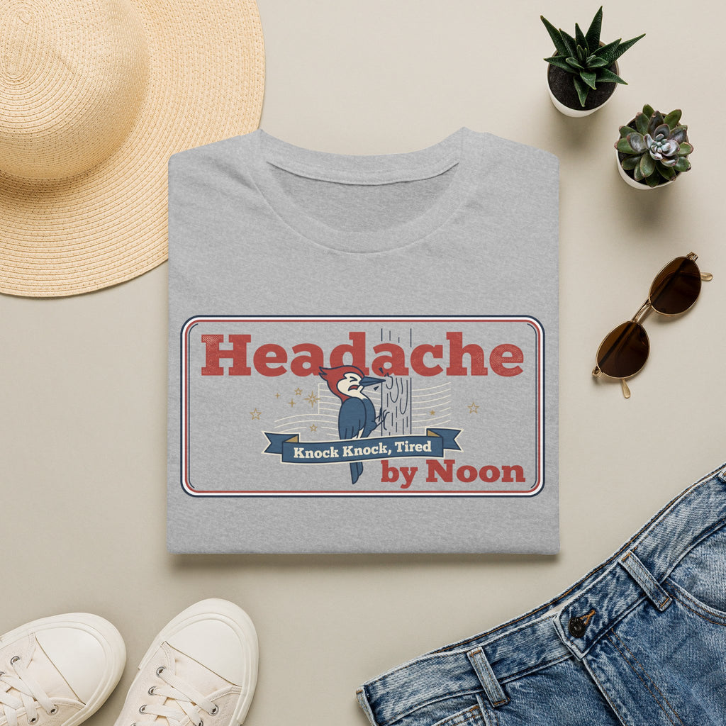 Light gray T-shirt with “Headache” graphic and banner text in red and blue