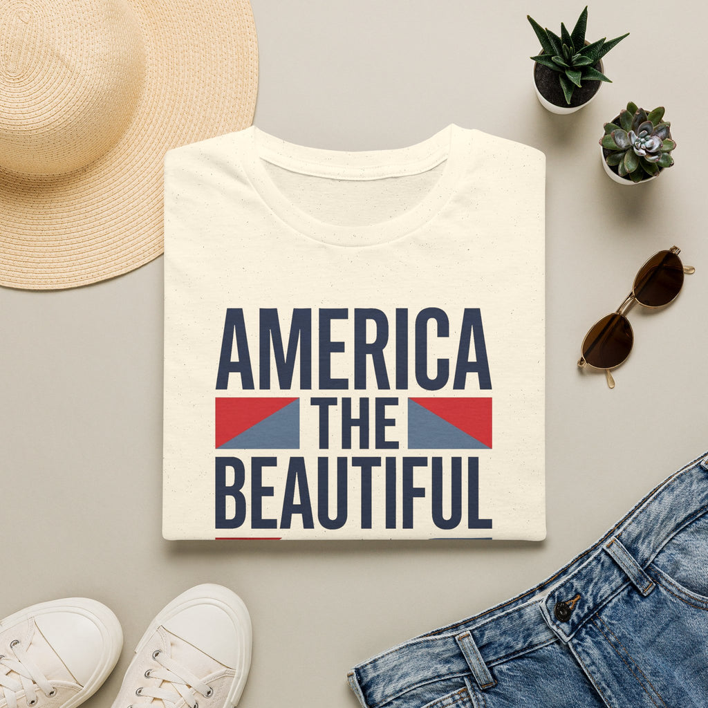 White T-shirt with “America the Beautiful” patriotic graphic on front