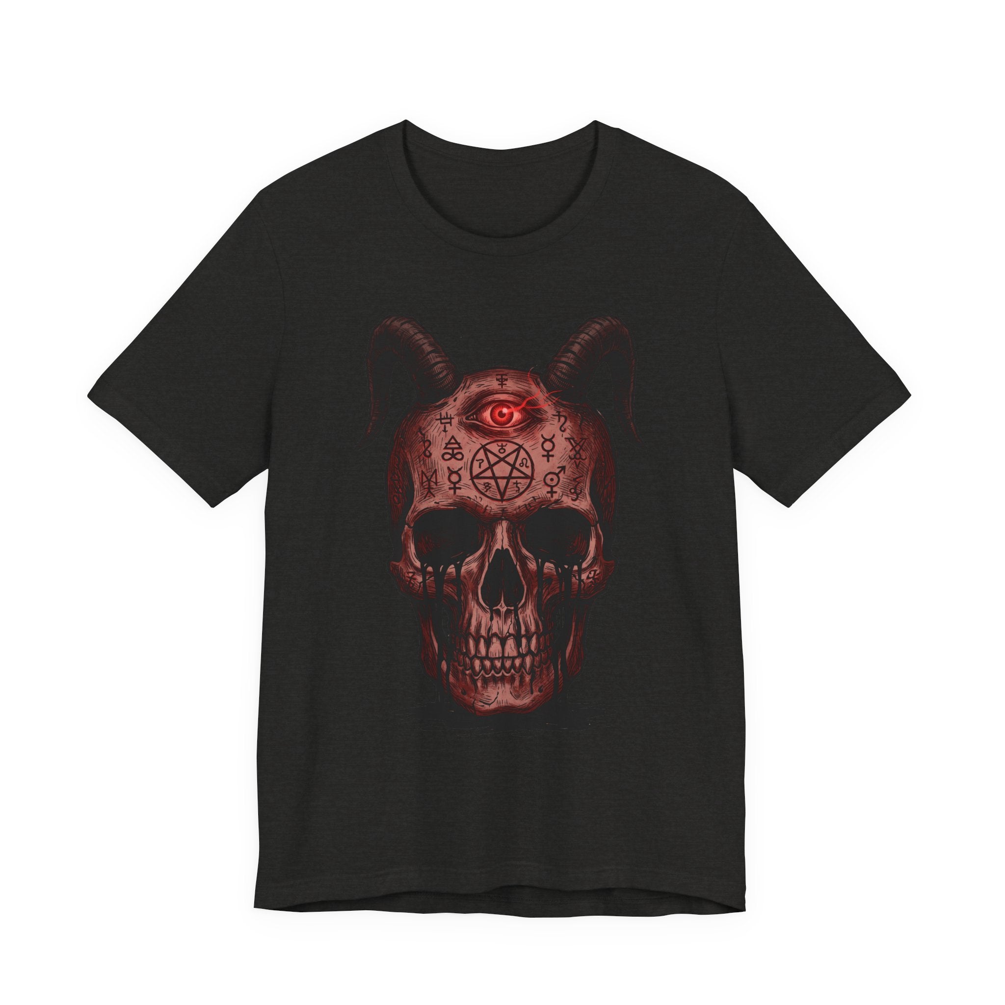 Black unisex T-shirt with red horned skull demon graphic