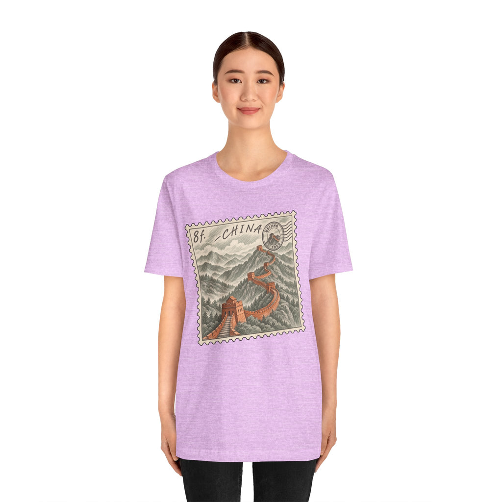 Heather lilac crew-neck T-shirt with vintage China postage stamp graphic on chest