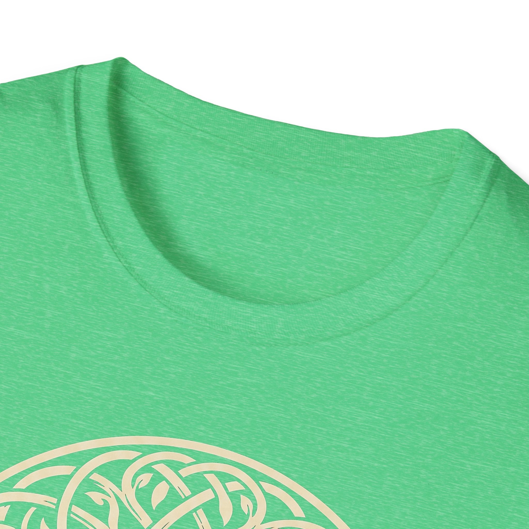 Bright green T-shirt neckline with partial Celtic knotwork circle graphic