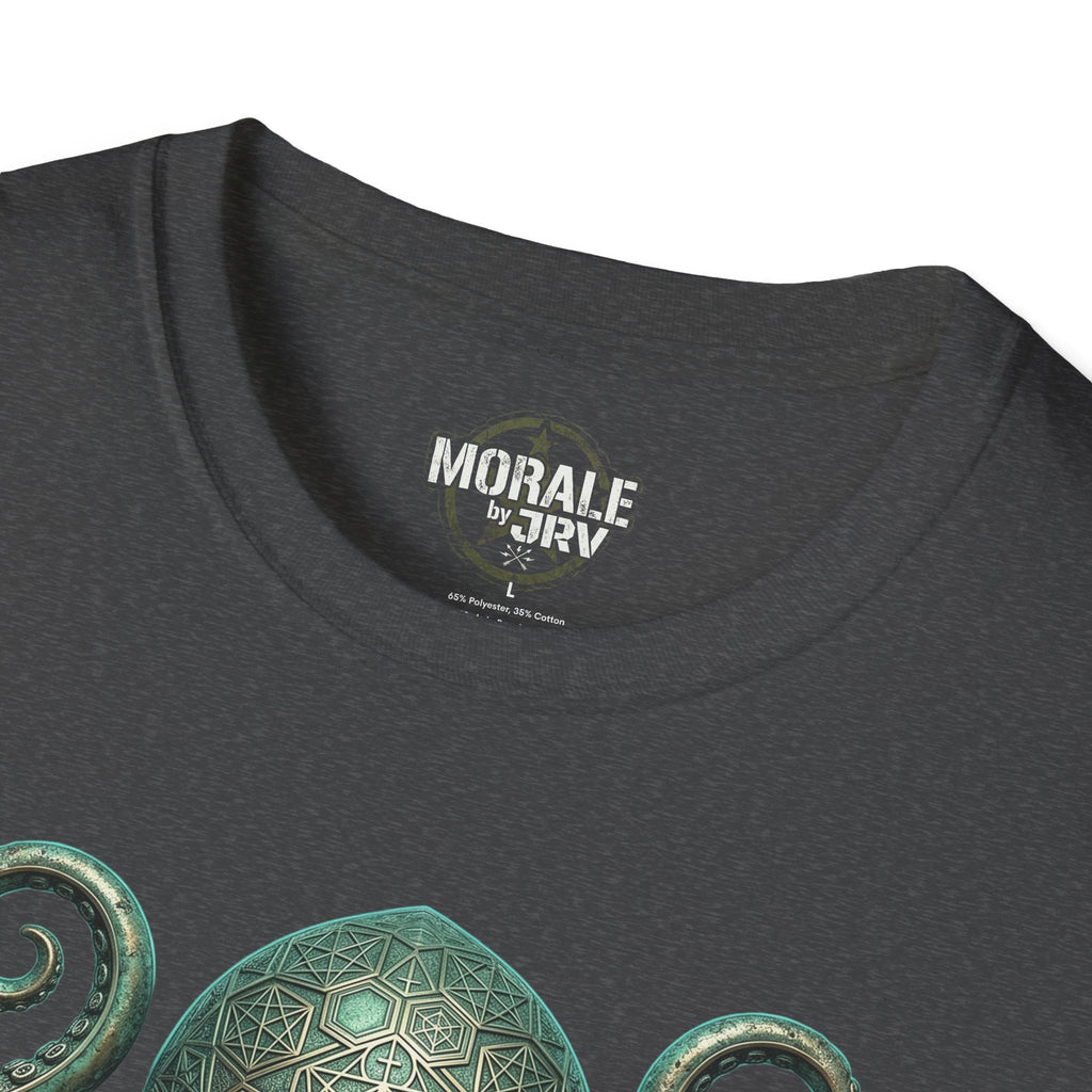 Crew neck with “MORALE by JRVI” logo on charcoal T-shirt