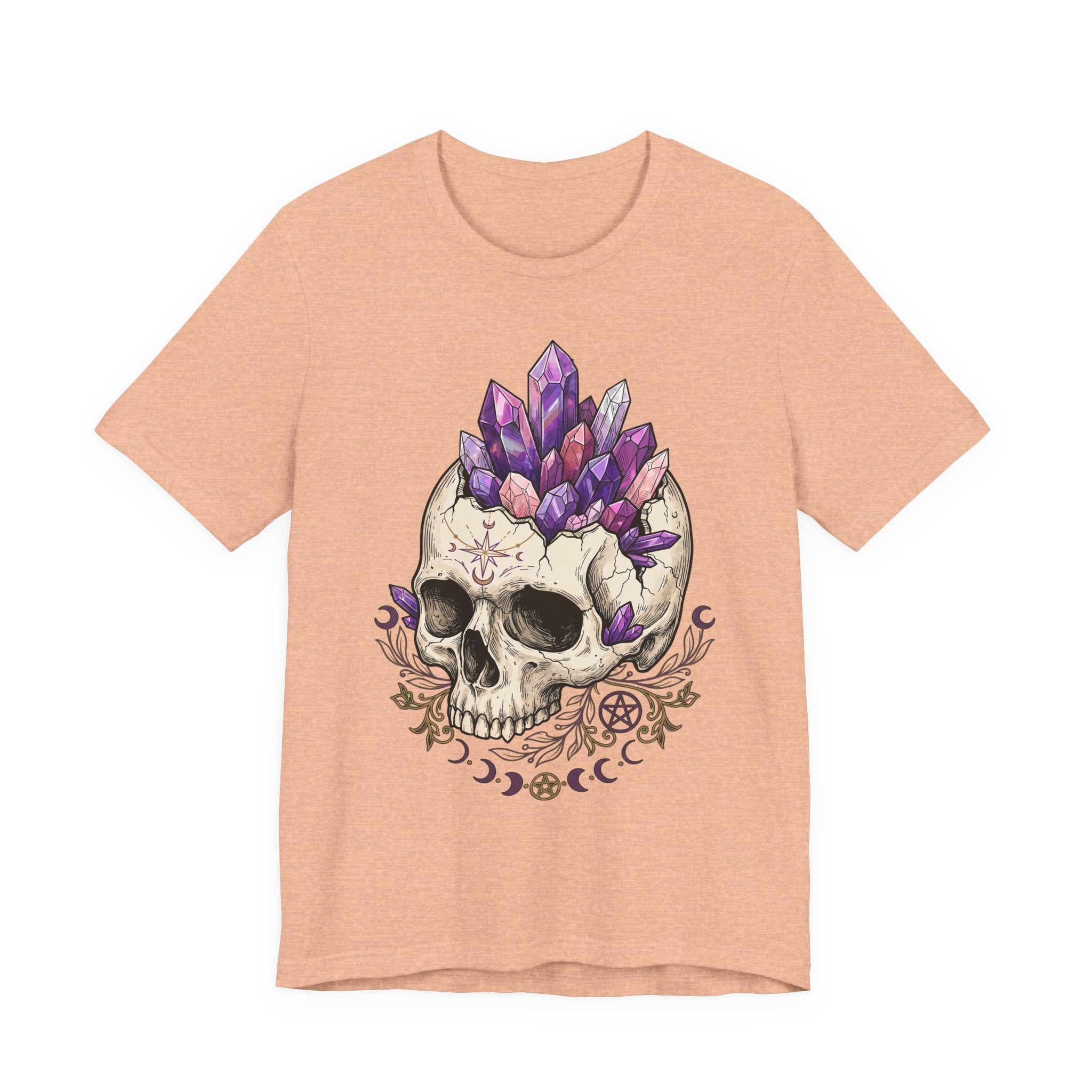 Heather peach unisex T-shirt featuring purple amethyst crystal skull front print