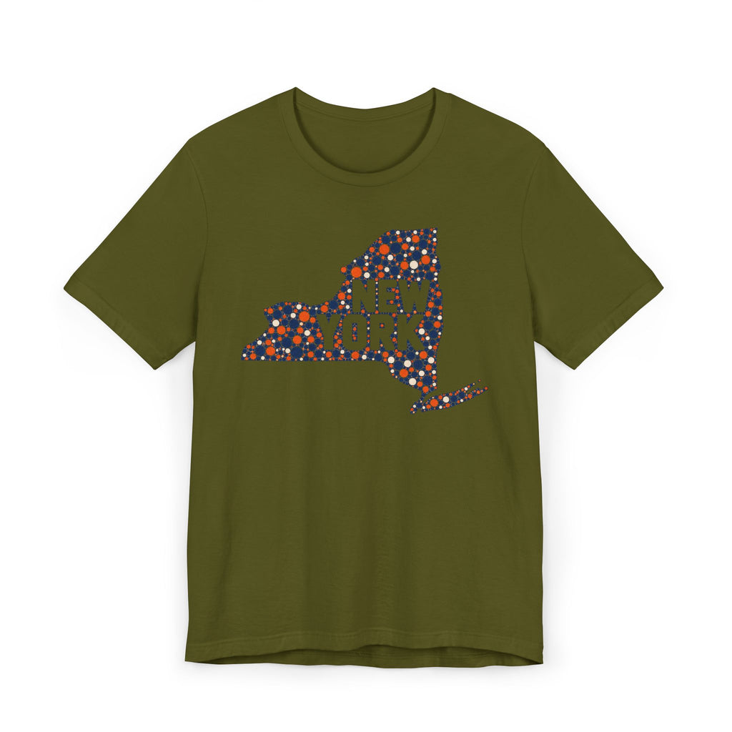 Olive green short-sleeve t-shirt with colorful New York state outline graphic