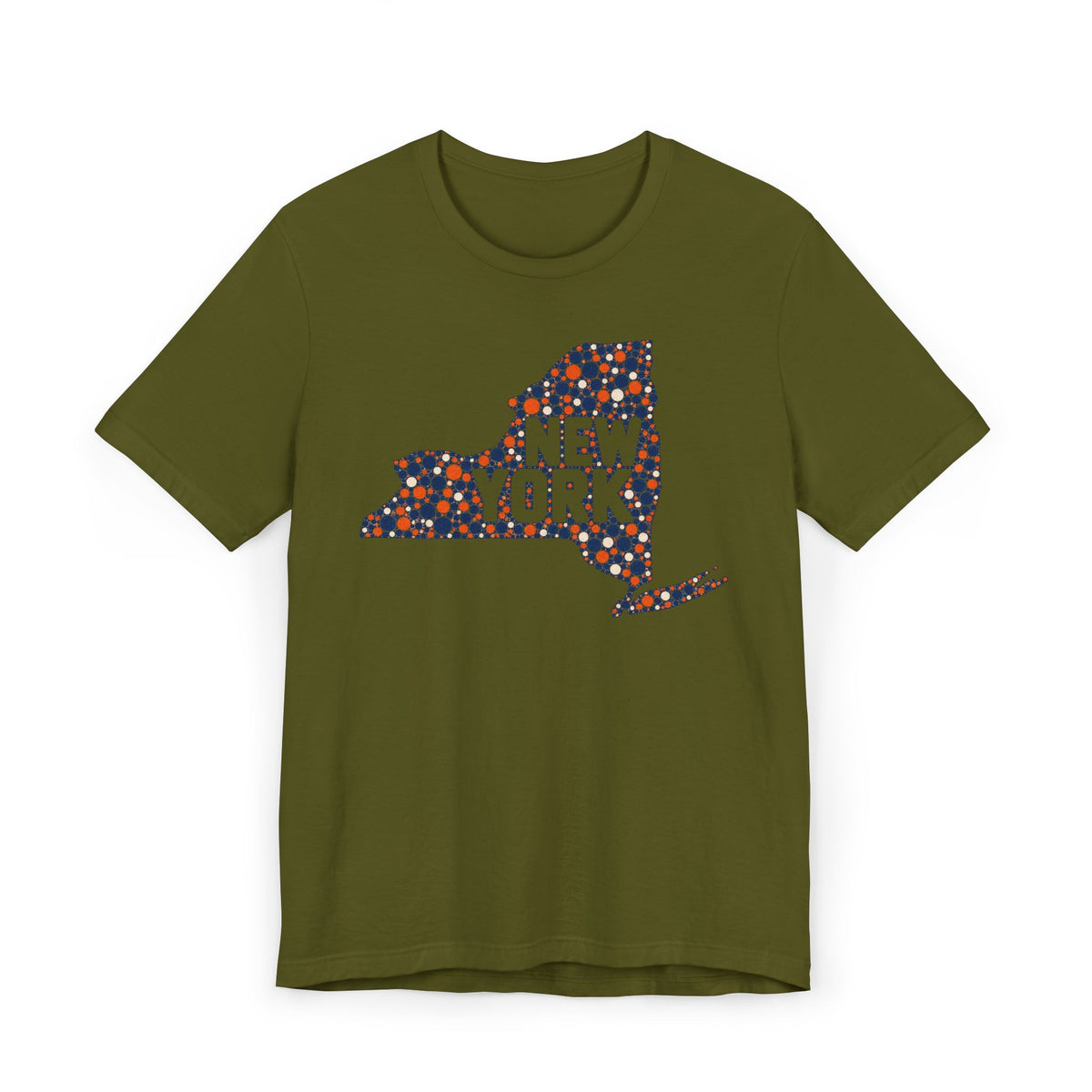 Olive green short-sleeve t-shirt with colorful New York state outline graphic