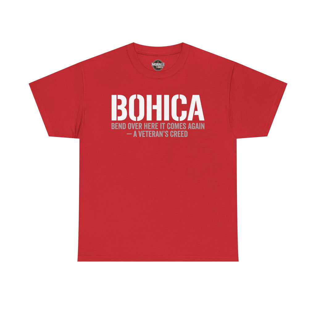 Red BOHICA graphic T-shirt with large BOHICA and creed text front print