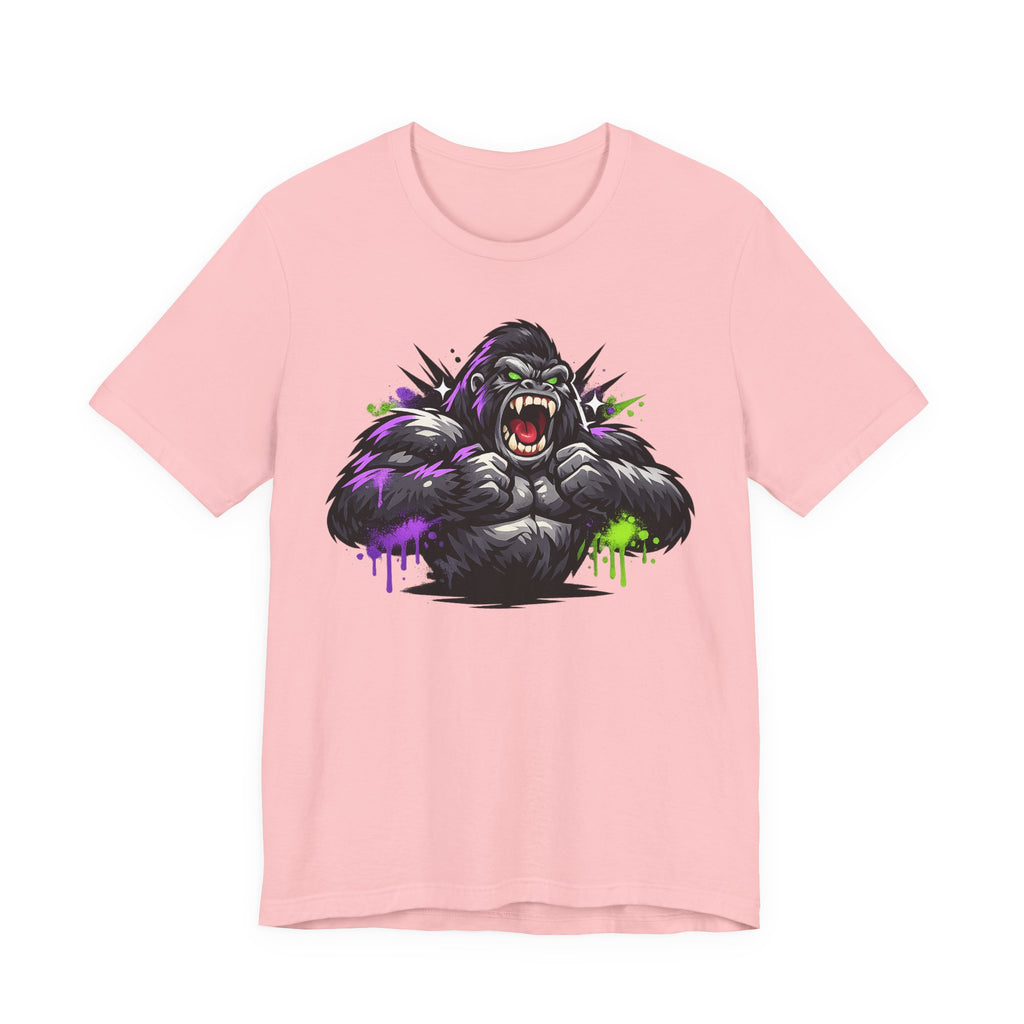 Pink graphic gorilla roaring face T-shirt with purple and green neon splatter