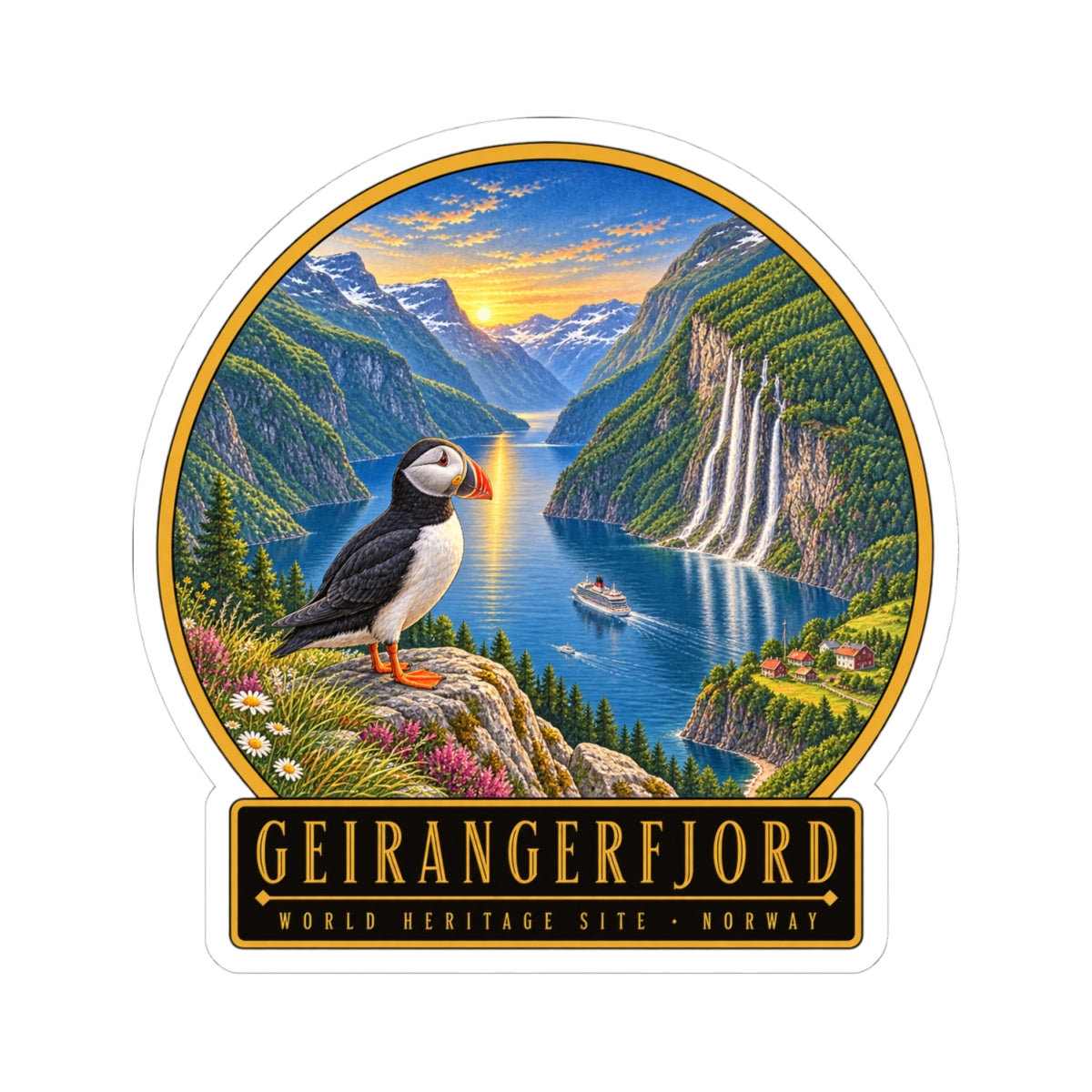 Geirangerfjord vinyl sticker showing puffin, fjord water, and waterfall cliffs with text panel