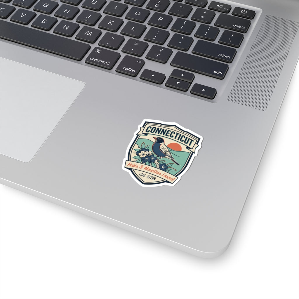 Small Connecticut shield sticker with robin and mountain laurel, Est. 1788, white border.