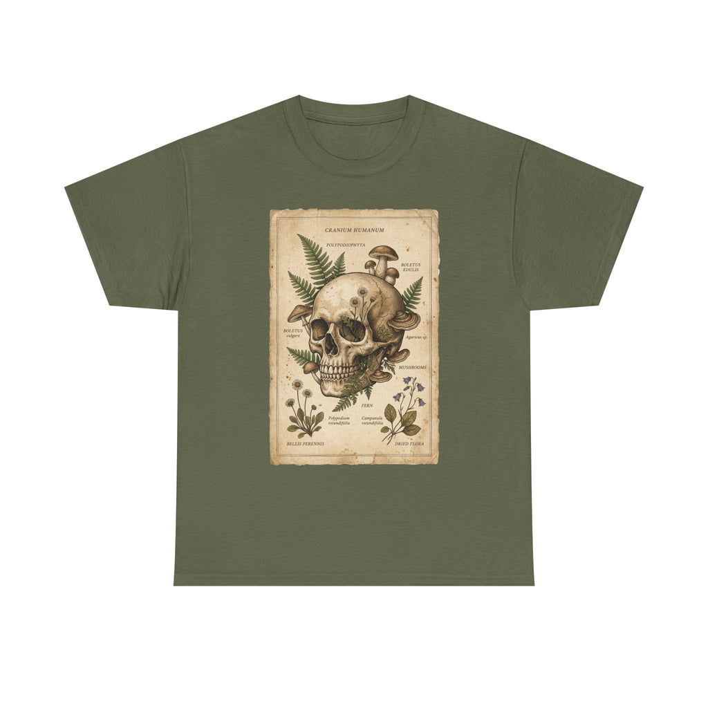 Olive green crew-neck graphic skull tee with vintage botanical fern label print