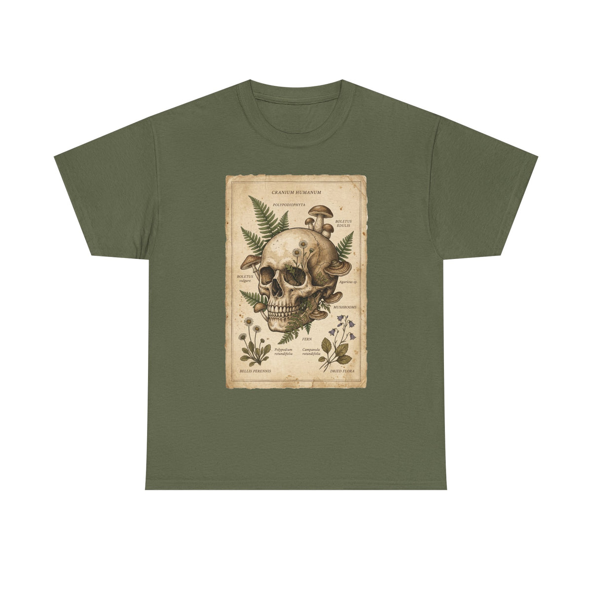 Olive green crew-neck graphic skull tee with vintage botanical fern label print