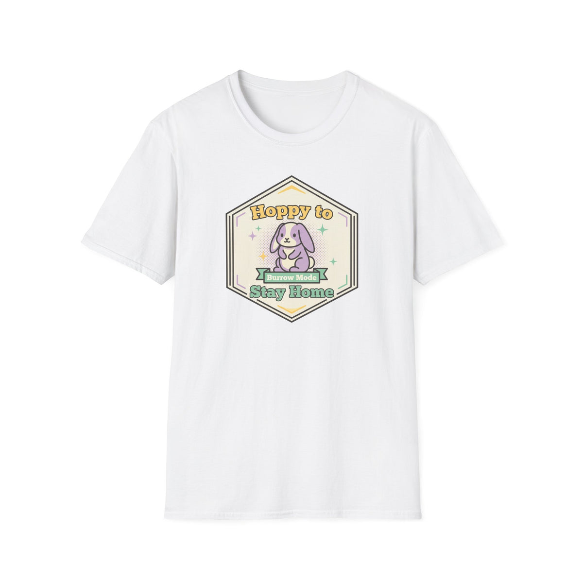 White unisex graphic T-shirt with centered bunny 'Stay Home' badge print