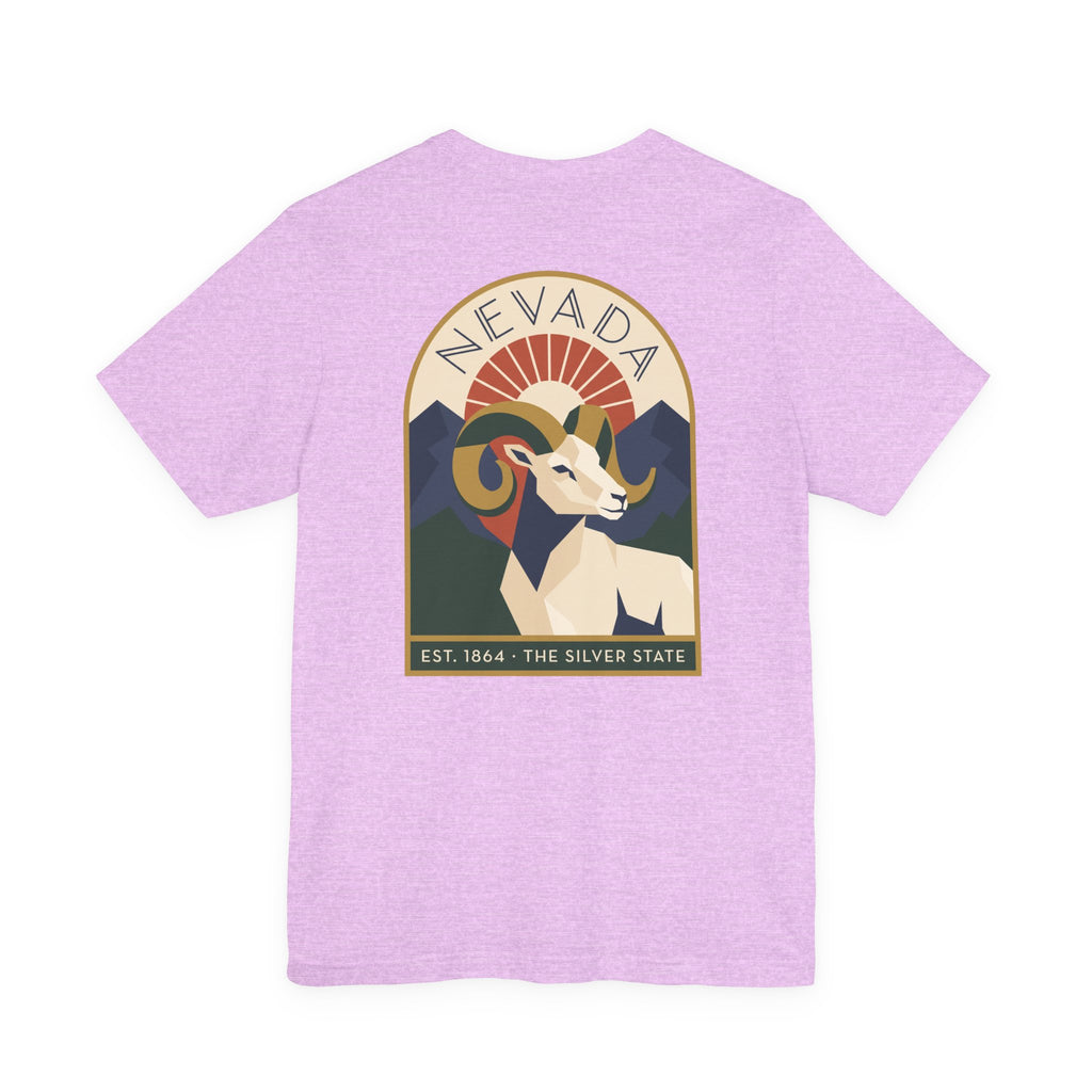 Nevada bighorn sheep art deco T-shirt, mauve with retro circular chest graphic