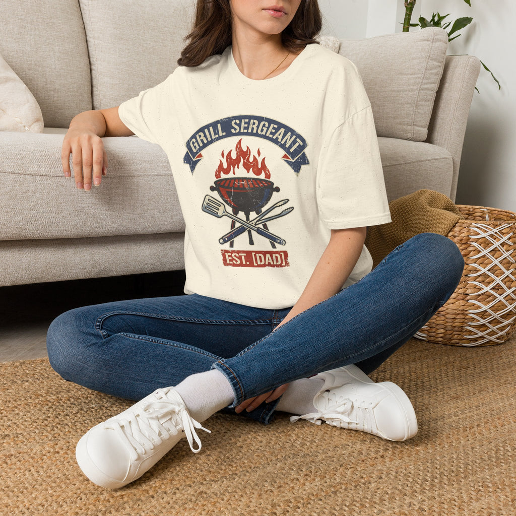 Natural/off-white crew-neck T-shirt with Grill Sergeant BBQ emblem and flames