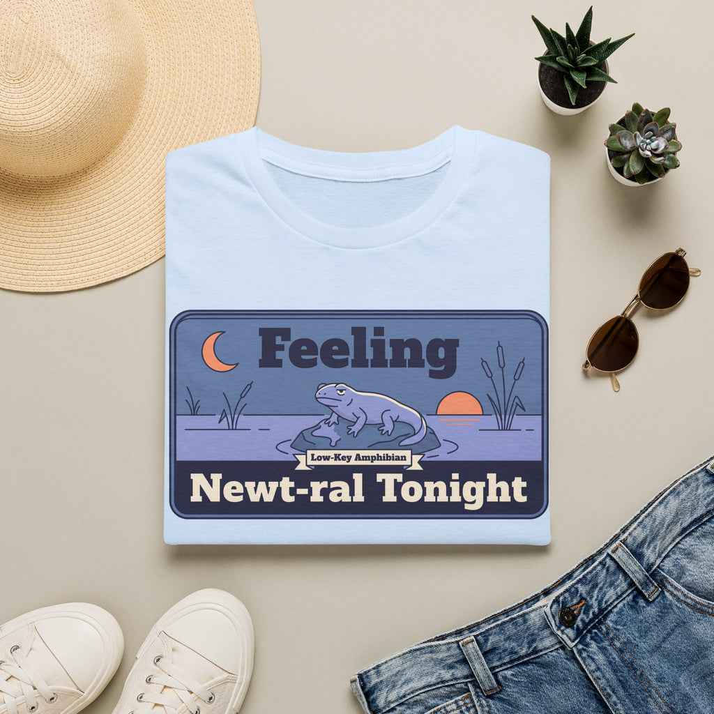 Light blue T-shirt with cartoon newt and moon graphic, 'Feeling Newt-ral Tonight' text
