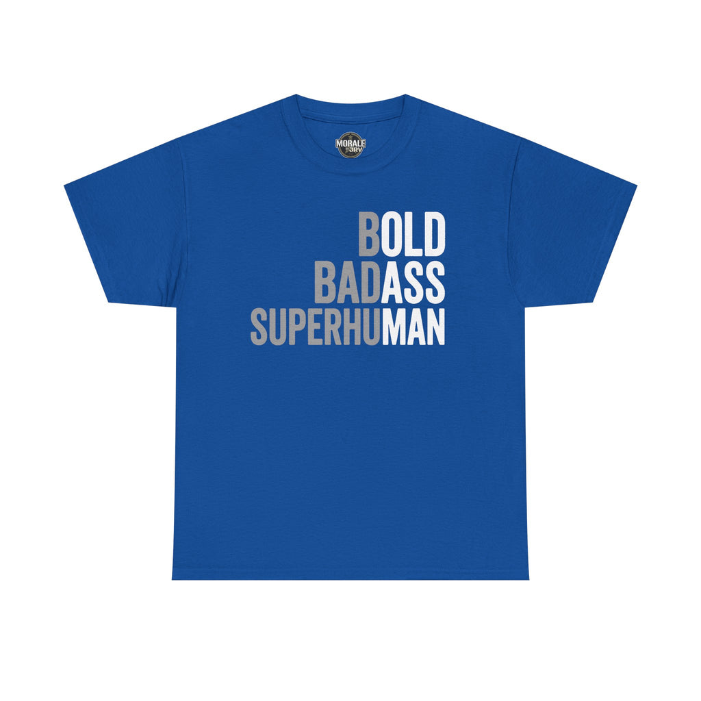 Men's royal blue graphic t-shirt with Bold Badass Superhuman slogan print