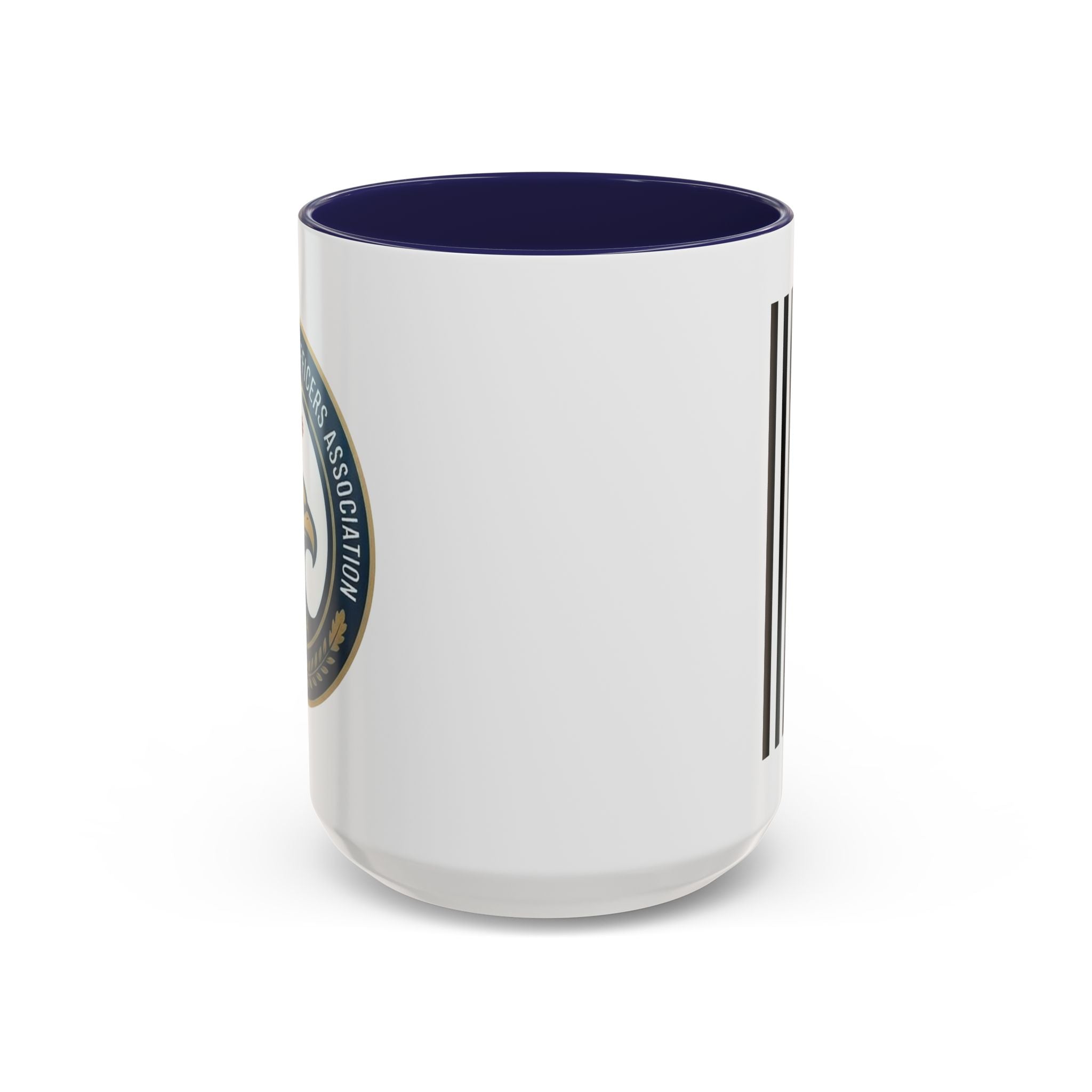 White coffee mug with navy interior and side stripe artwork, angled view of print.