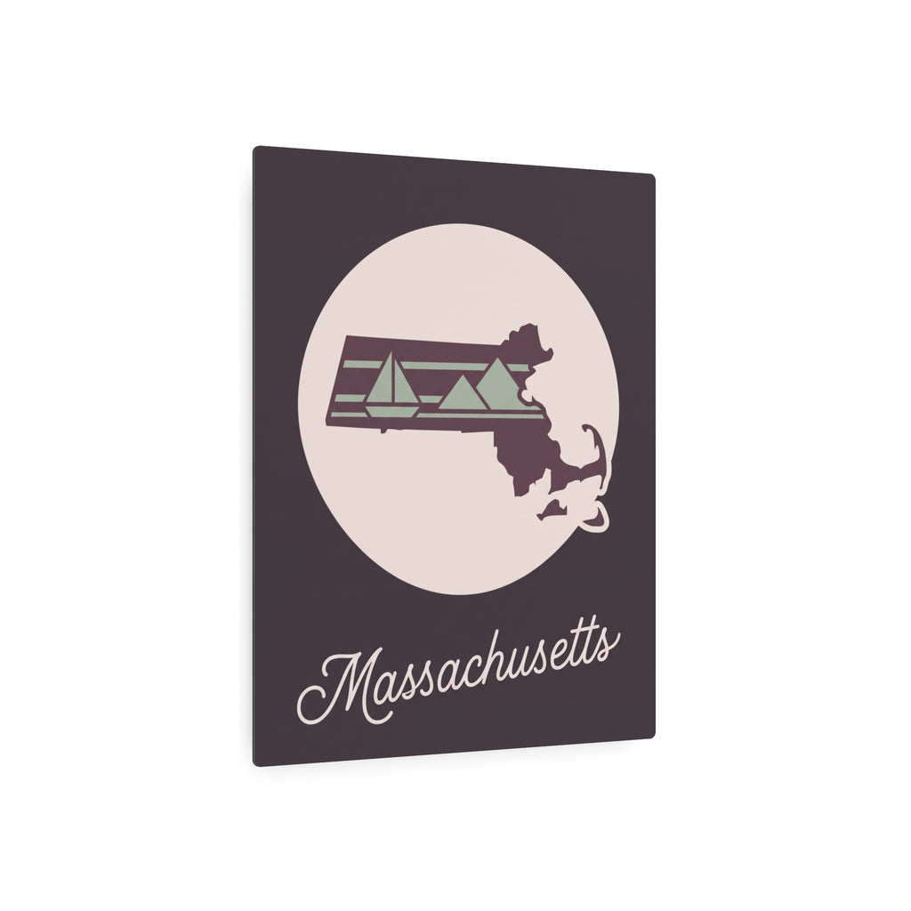 Massachusetts metal wall art square with circular map graphic and cursive Massachusetts wordmark
