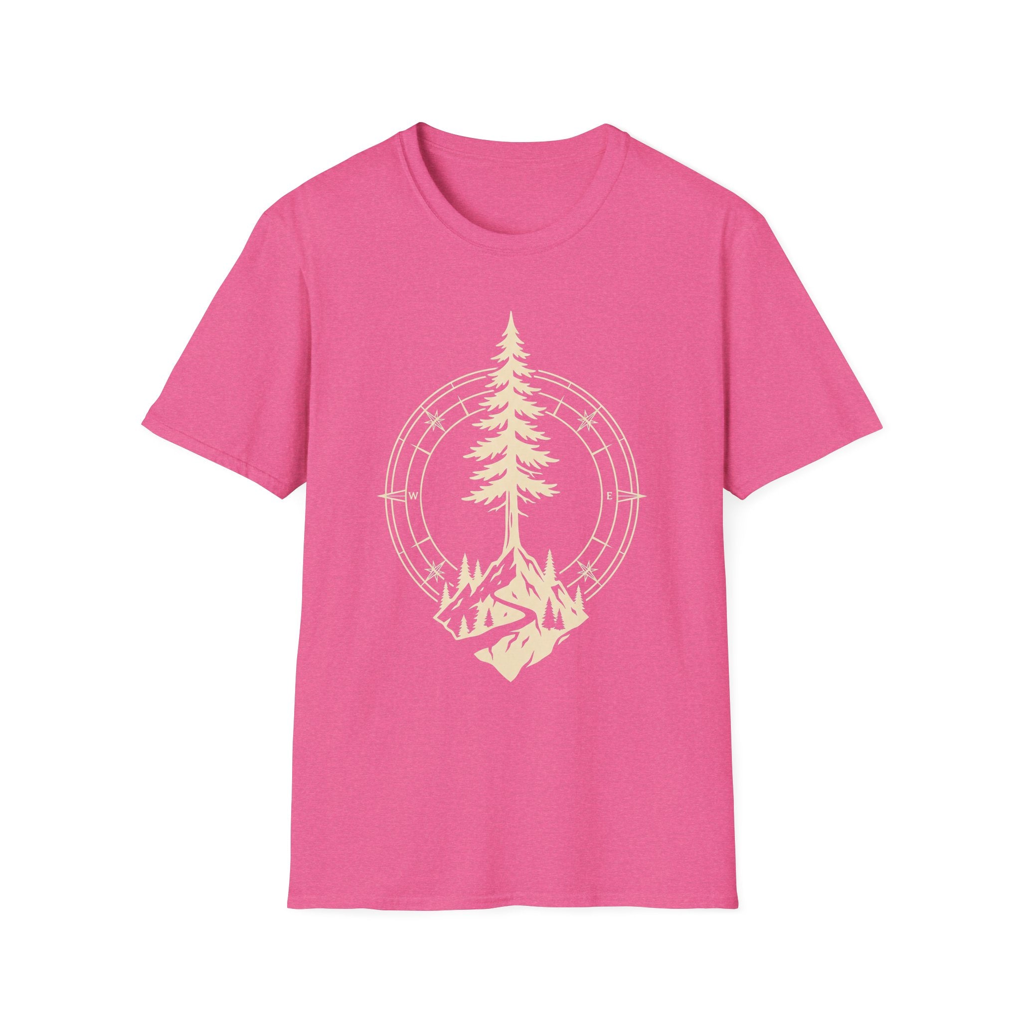 Pink T-shirt with pine tree compass graphic in light yellow-gold, crew neck