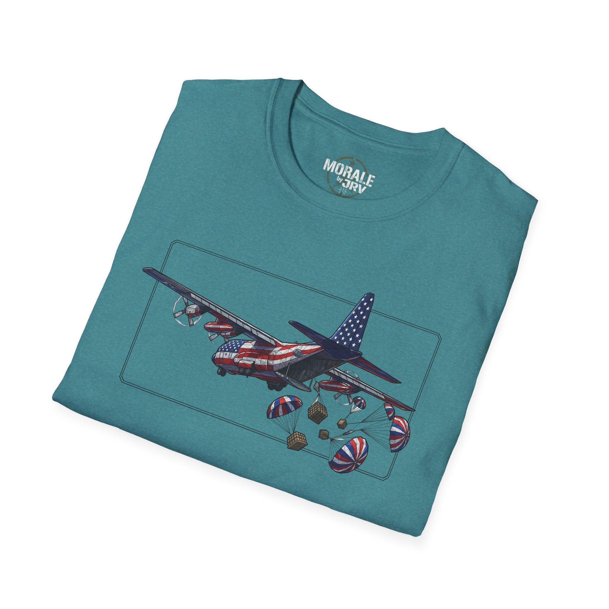 C-130 Hercules Airdrop T-Shirt with plane and parachute graphic, heather military green