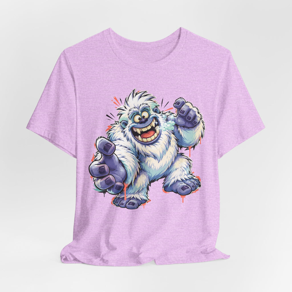 Lavender heather T-shirt with cartoon yeti monster graphic, arms raised