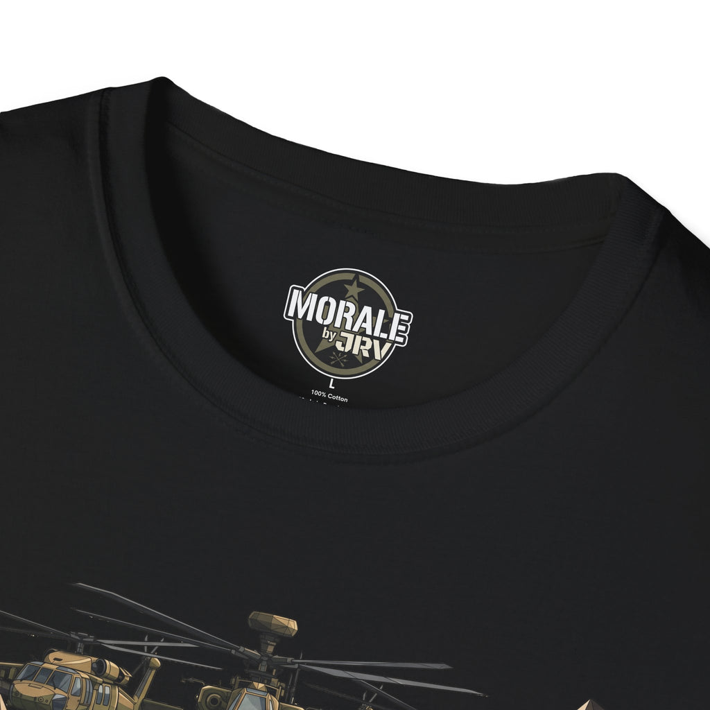 Black T-shirt neckline with circular logo patch