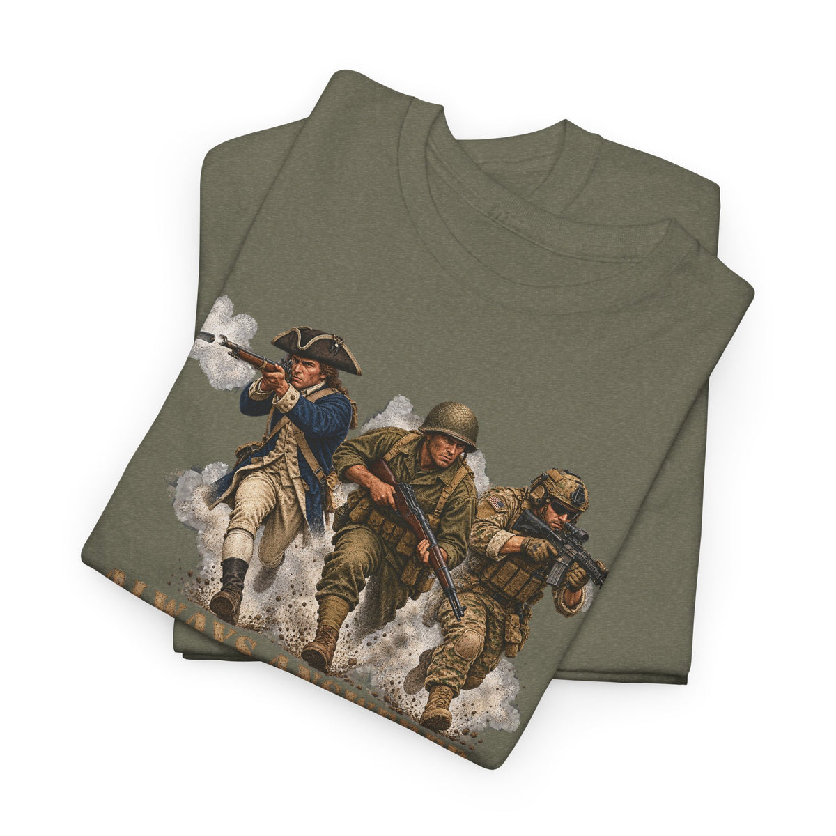 Olive green crewneck T-shirt with running soldier graphic on front