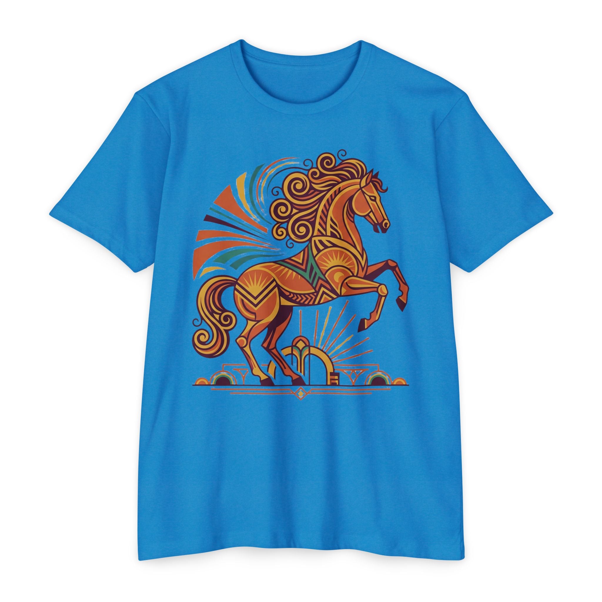 Turquoise-blue t-shirt with prancing horse graphic in orange and teal sunburst rays.