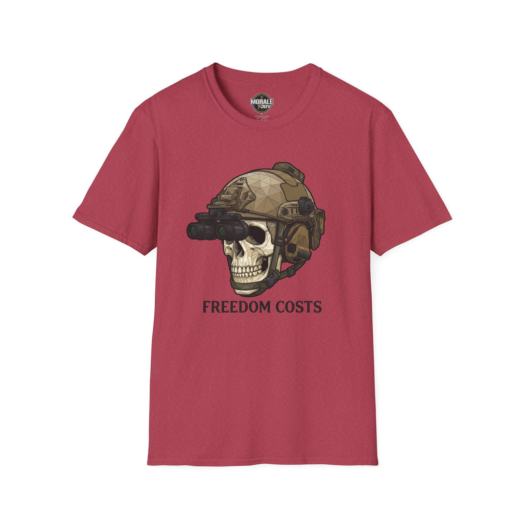 Freedom Costs skull tactical helmet graphic T-shirt, maroon with NVG goggles