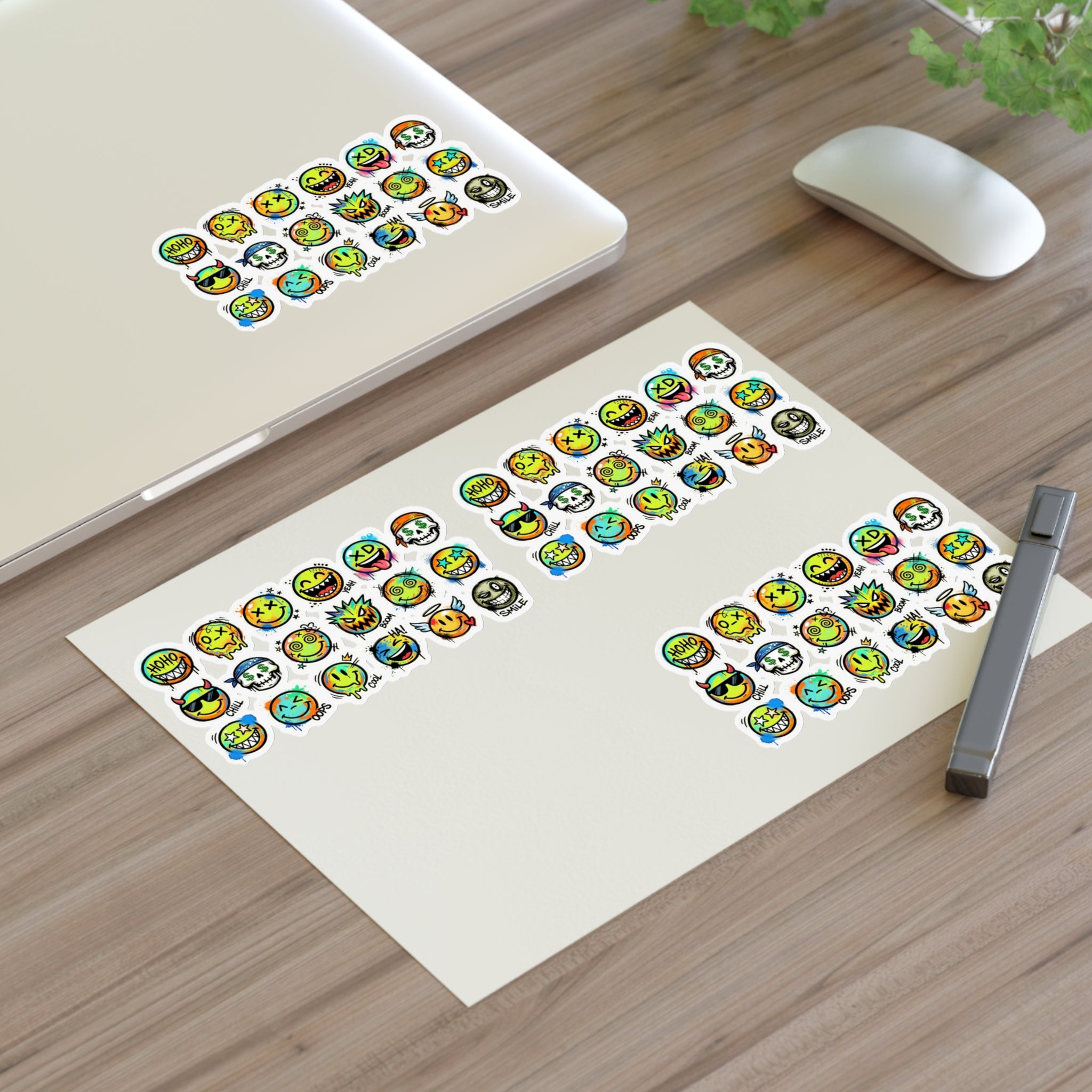 Emoji face sticker sheet with three clusters of die-cut icons on paper