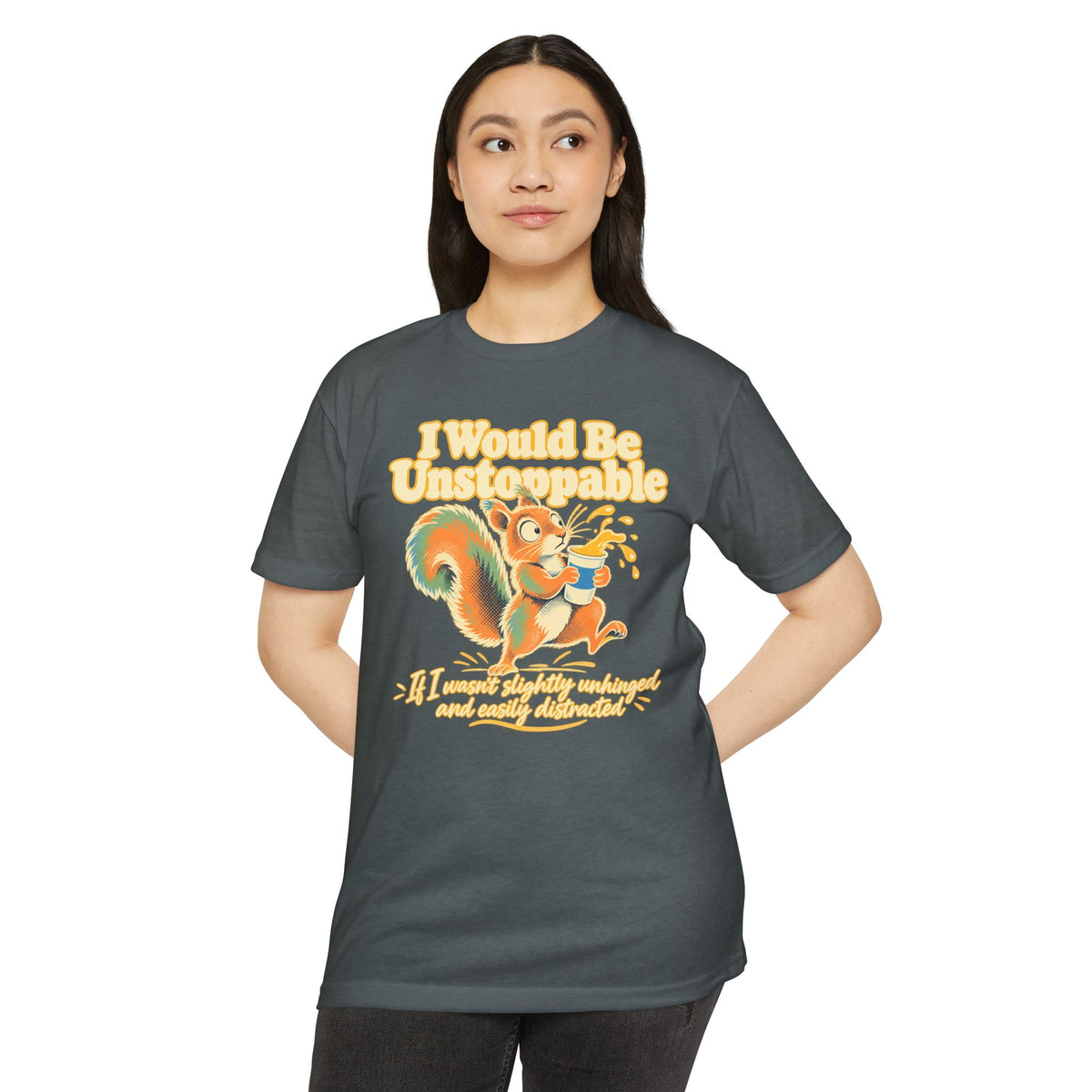 Graphic t-shirt, dark gray, squirrel illustration with humorous text on front