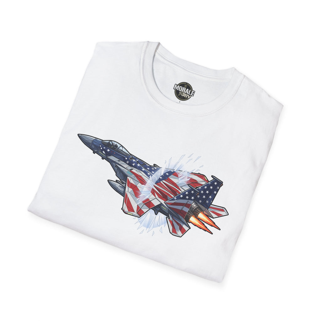 American flag fighter jet T-shirt (white) with fighter jet graphic, stars, and rocket flames