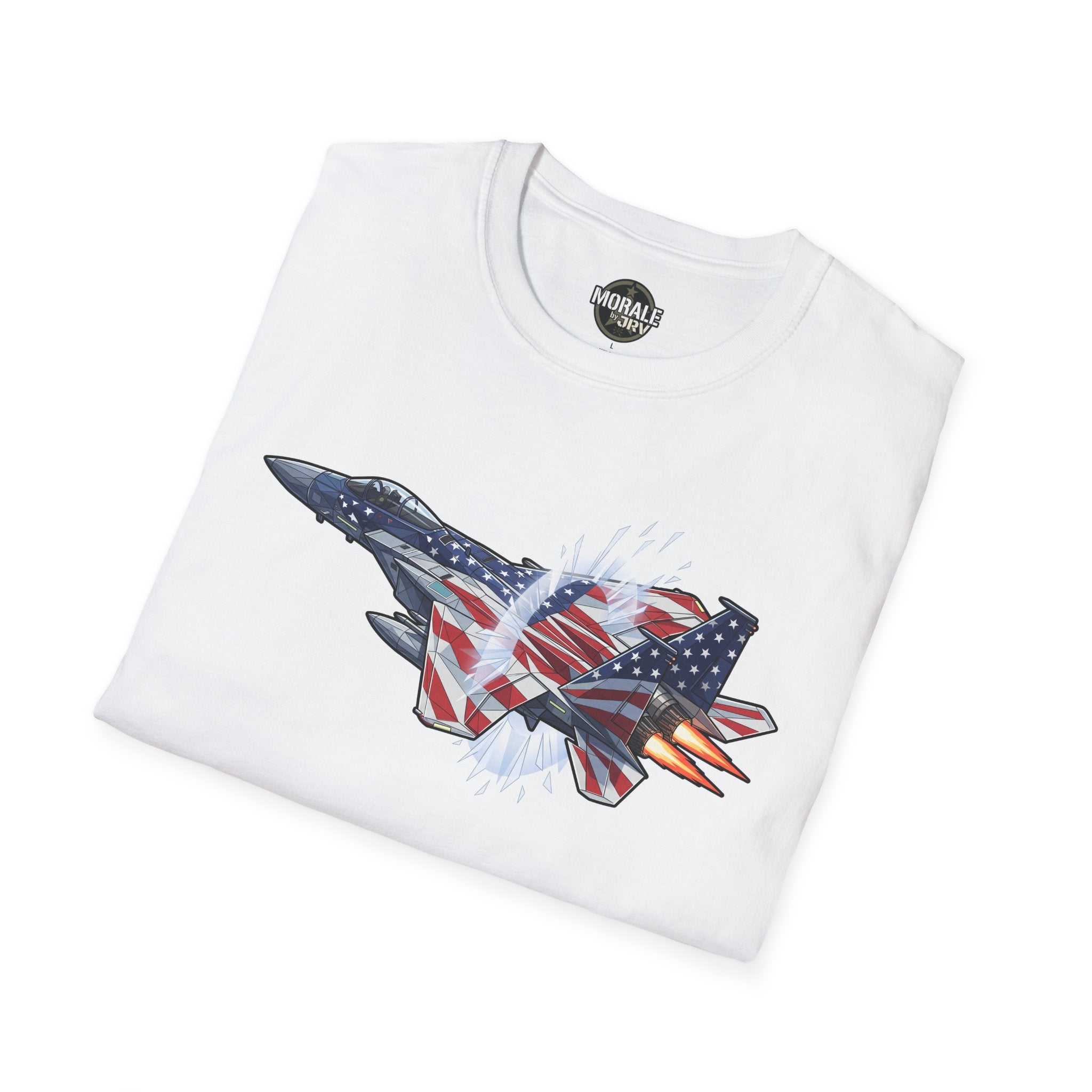American flag fighter jet T-shirt (white) with fighter jet graphic, stars, and rocket flames