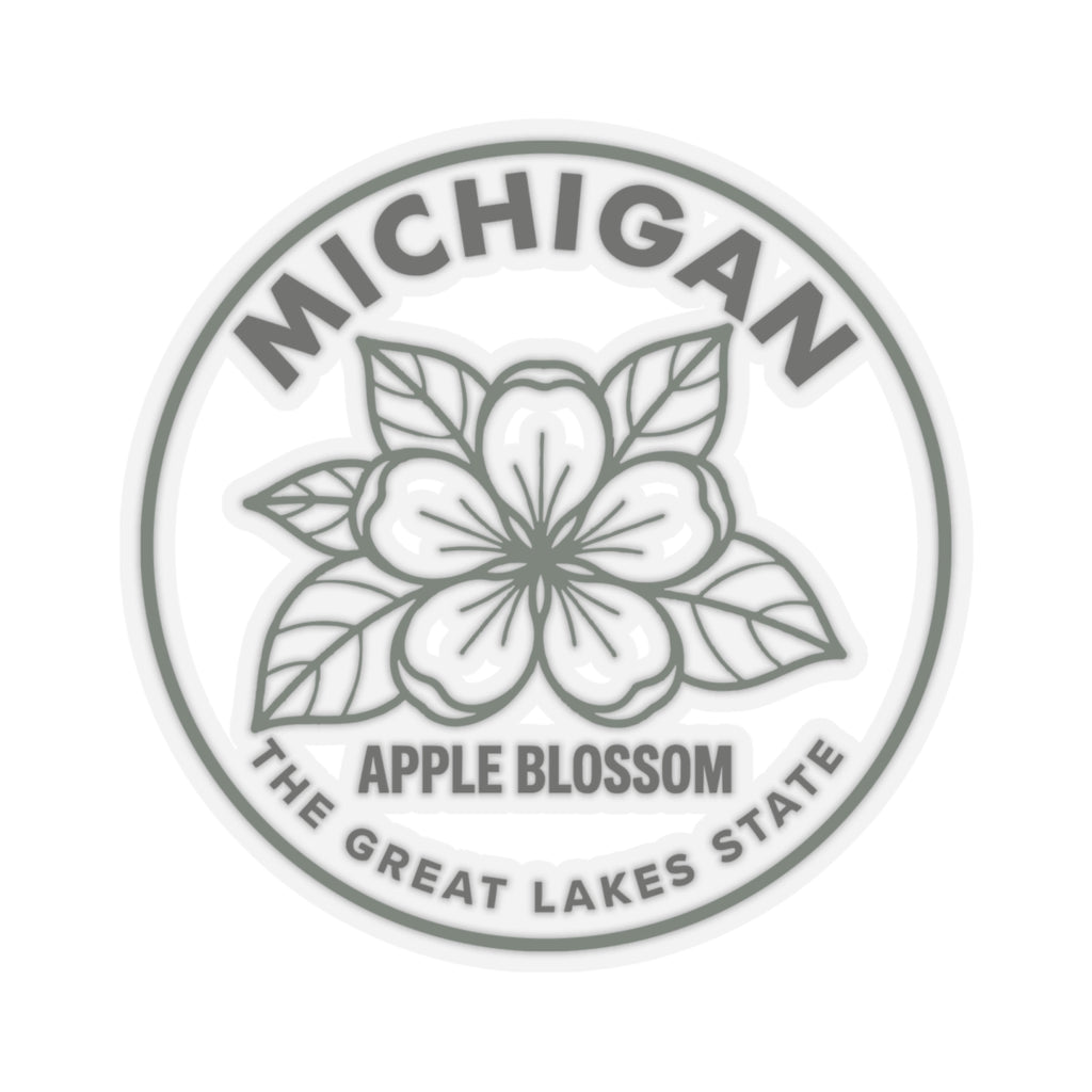 Michigan apple blossom sticker, circular transparent vinyl decal with floral emblem and text