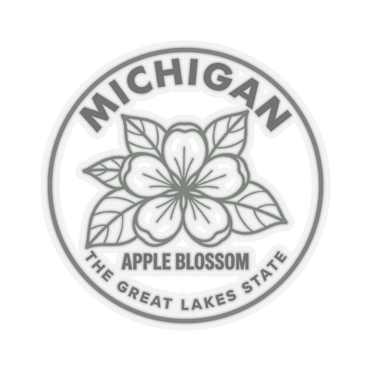 Michigan apple blossom sticker, circular transparent vinyl decal with floral emblem and text