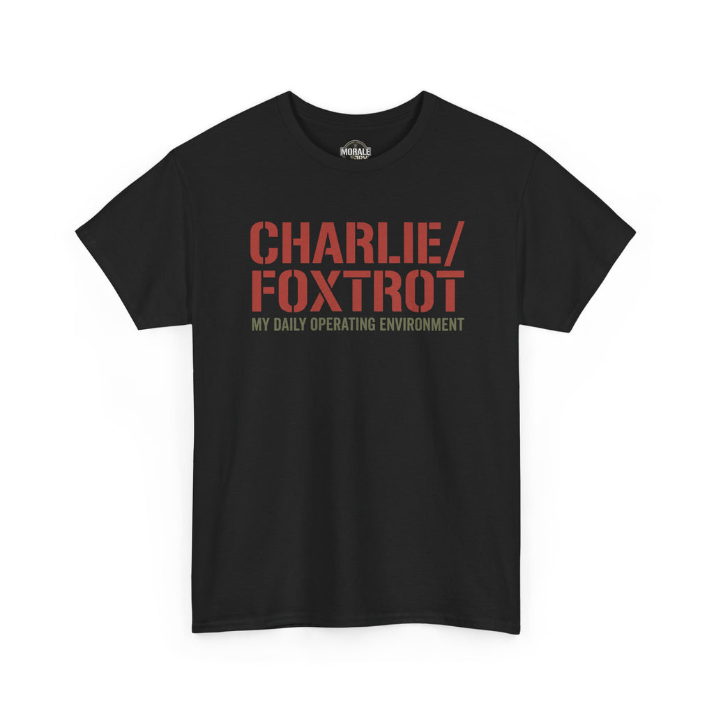 Black crewneck T-shirt with short sleeves and red slogan graphic on front