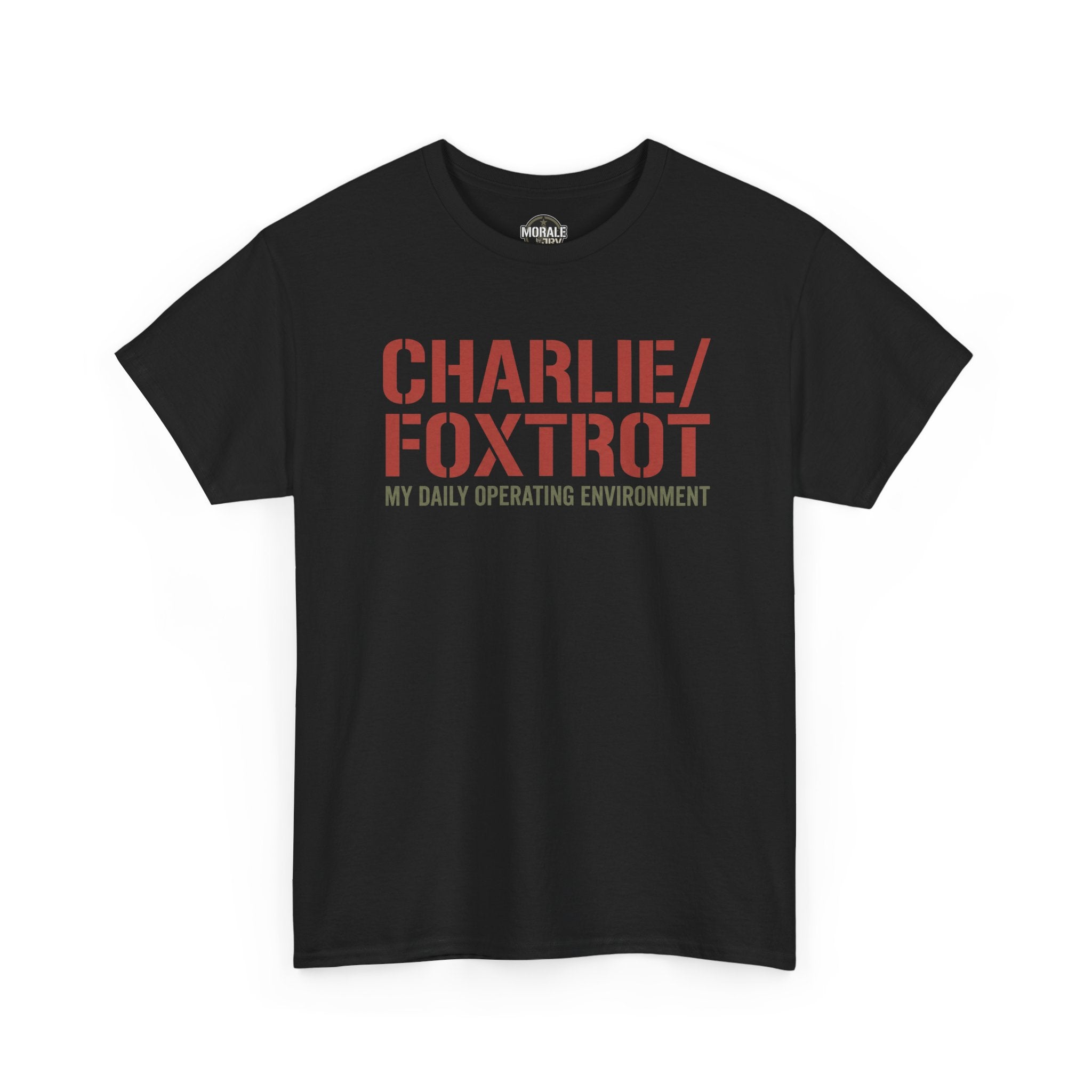 Black crewneck T-shirt with short sleeves and red slogan graphic on front