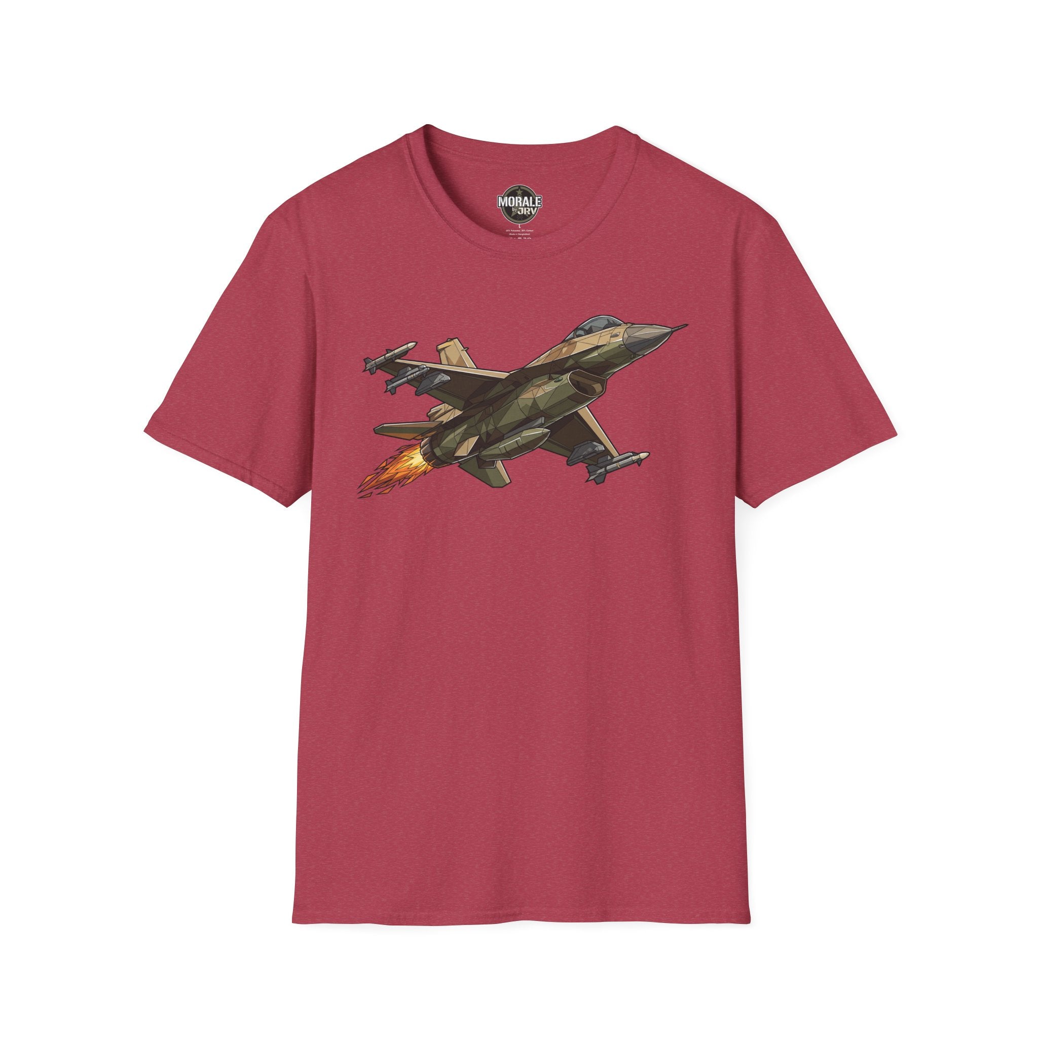 Heather Cardinal fighter jet illustration T-shirt with colorful jet graphic on front