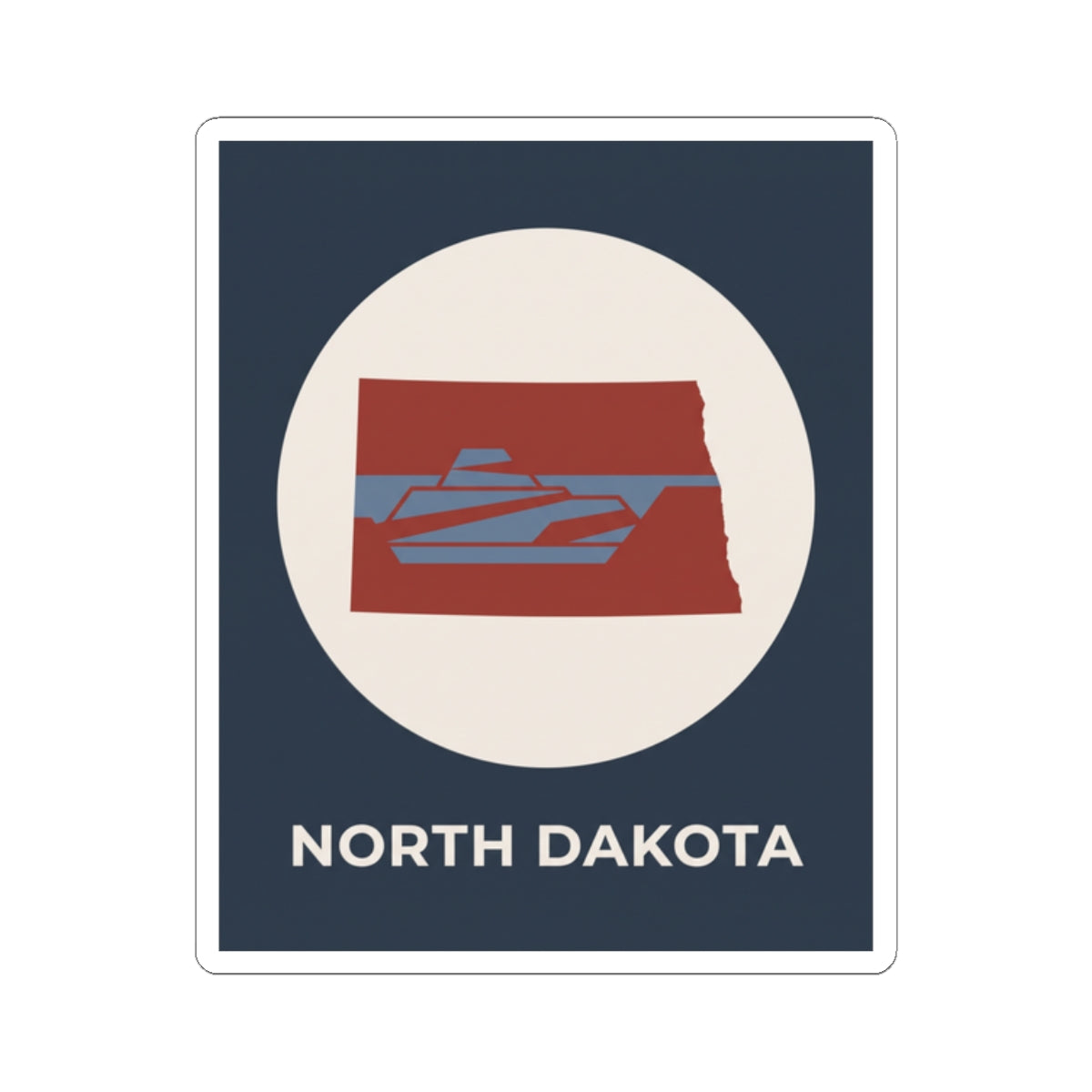 North Dakota map sticker with retro red map shape and NORTH DAKOTA lettering on navy