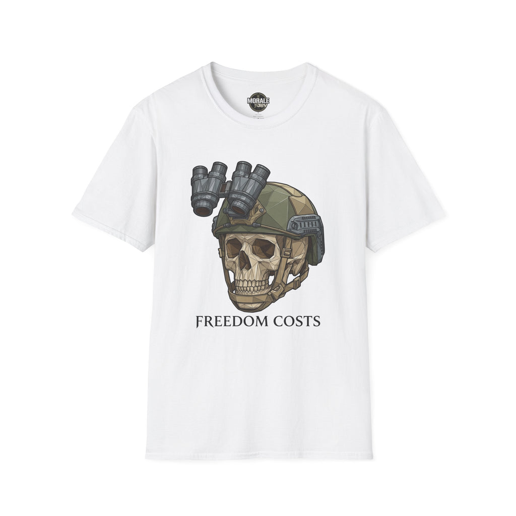 White tactical skull NVG graphic T-shirt with “FREEDOM COSTS” text