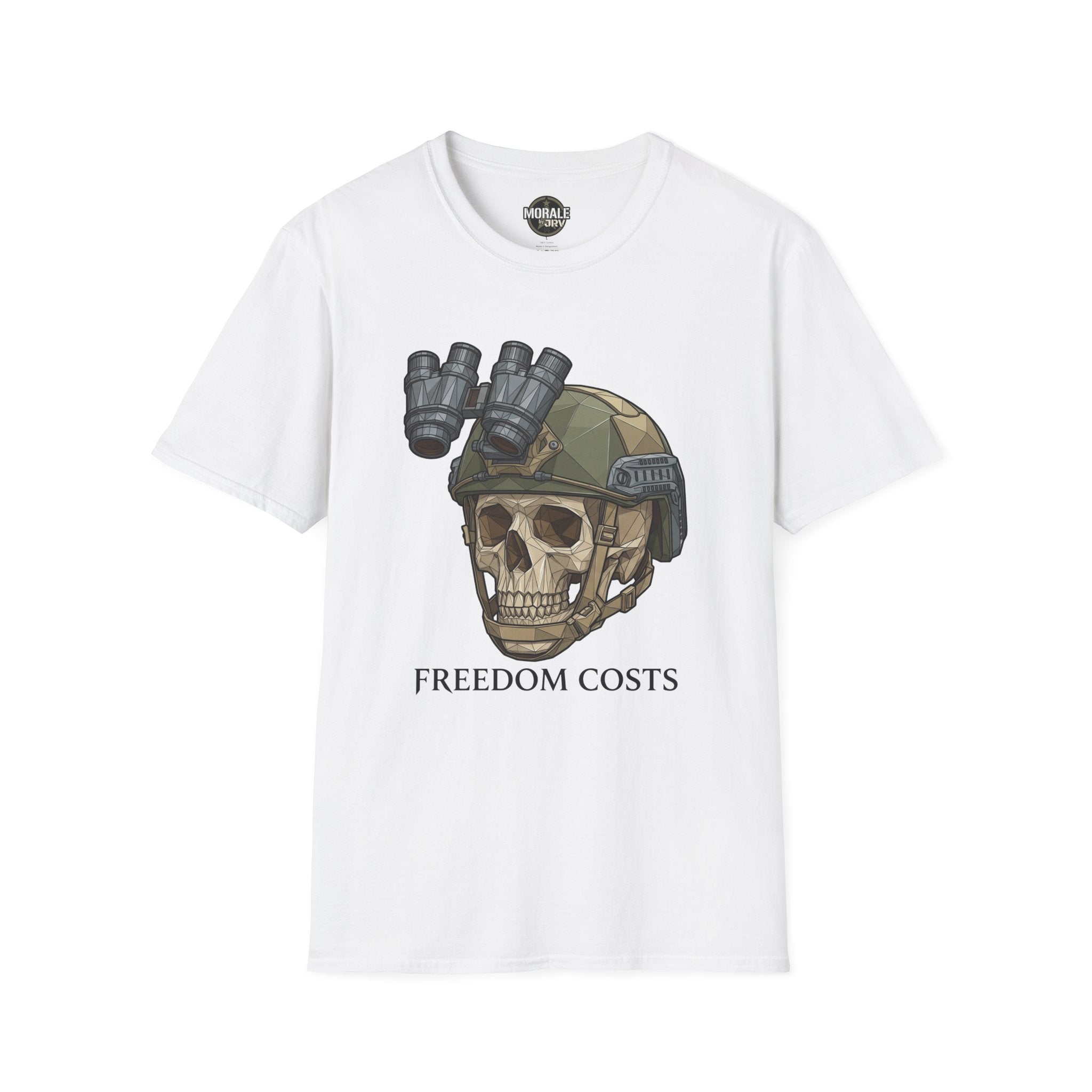 White tactical skull NVG graphic T-shirt with “FREEDOM COSTS” text