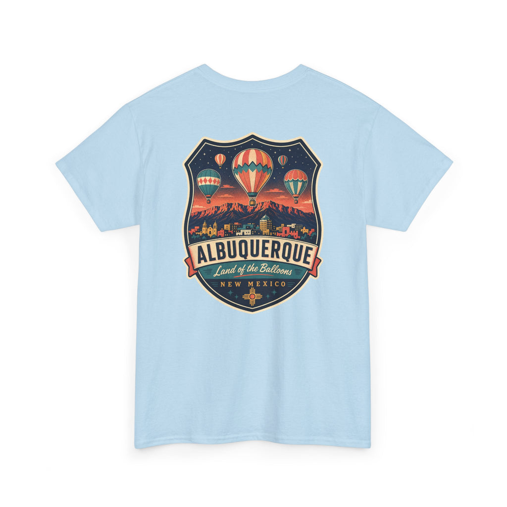 Light blue T-shirt with Albuquerque hot air balloon badge graphic on chest