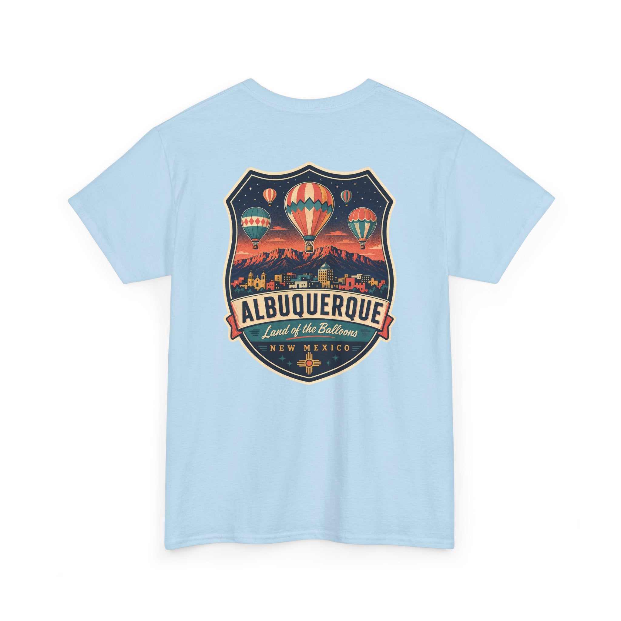 Light blue T-shirt with Albuquerque hot air balloon badge graphic on chest