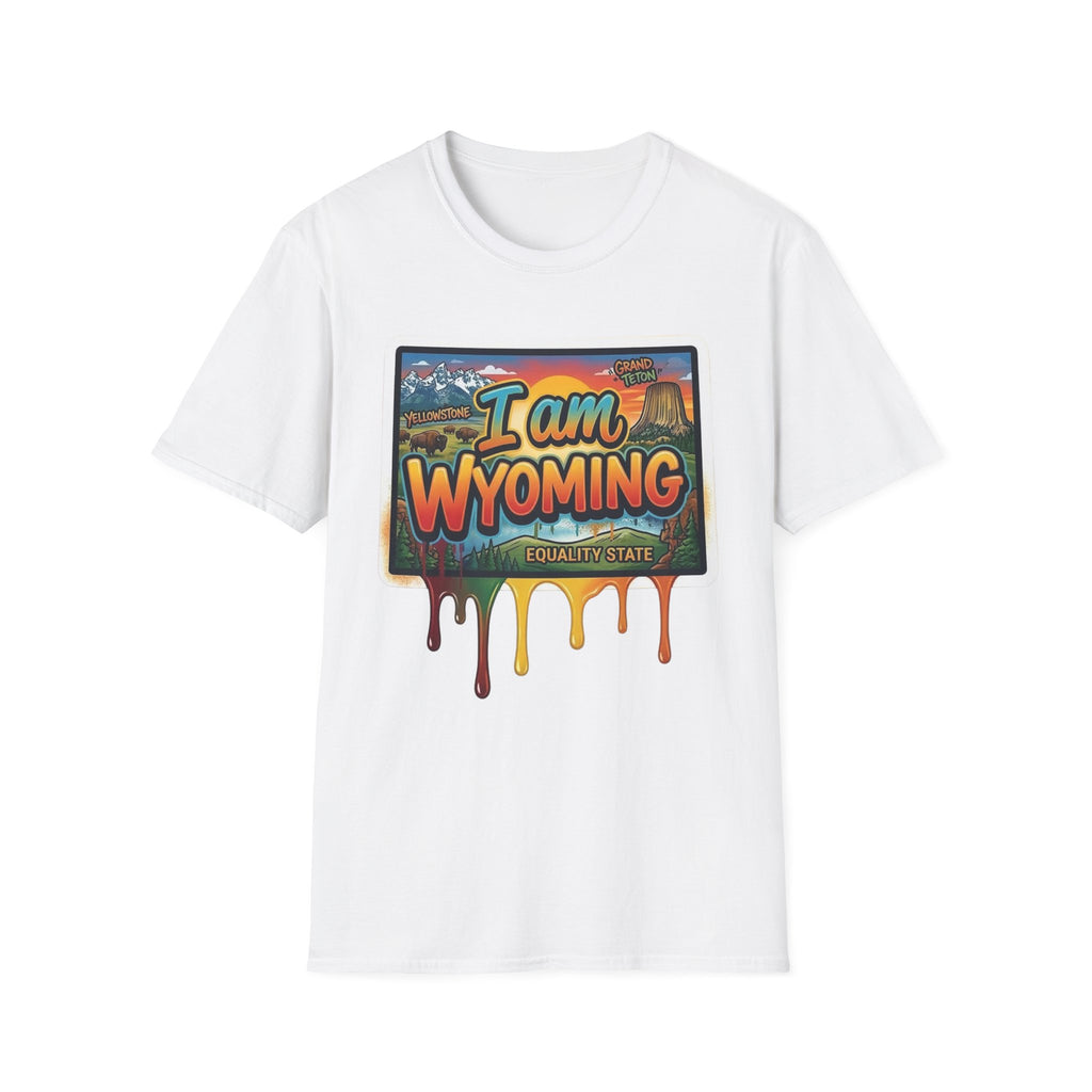 White T-shirt with colorful "I am Wyoming" postcard-style graphic and drippy letters