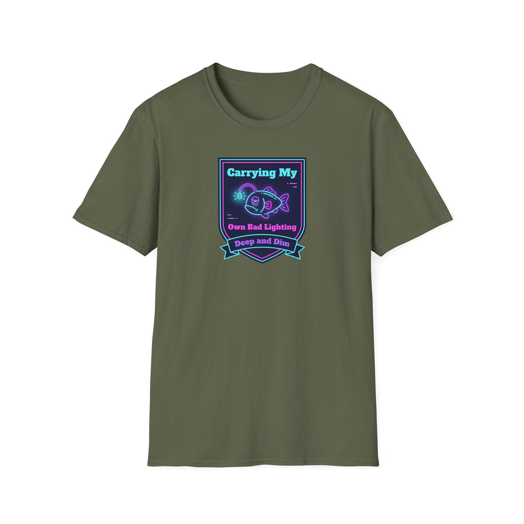 Military green short-sleeve T-shirt with neon anglerfish graphic centered.