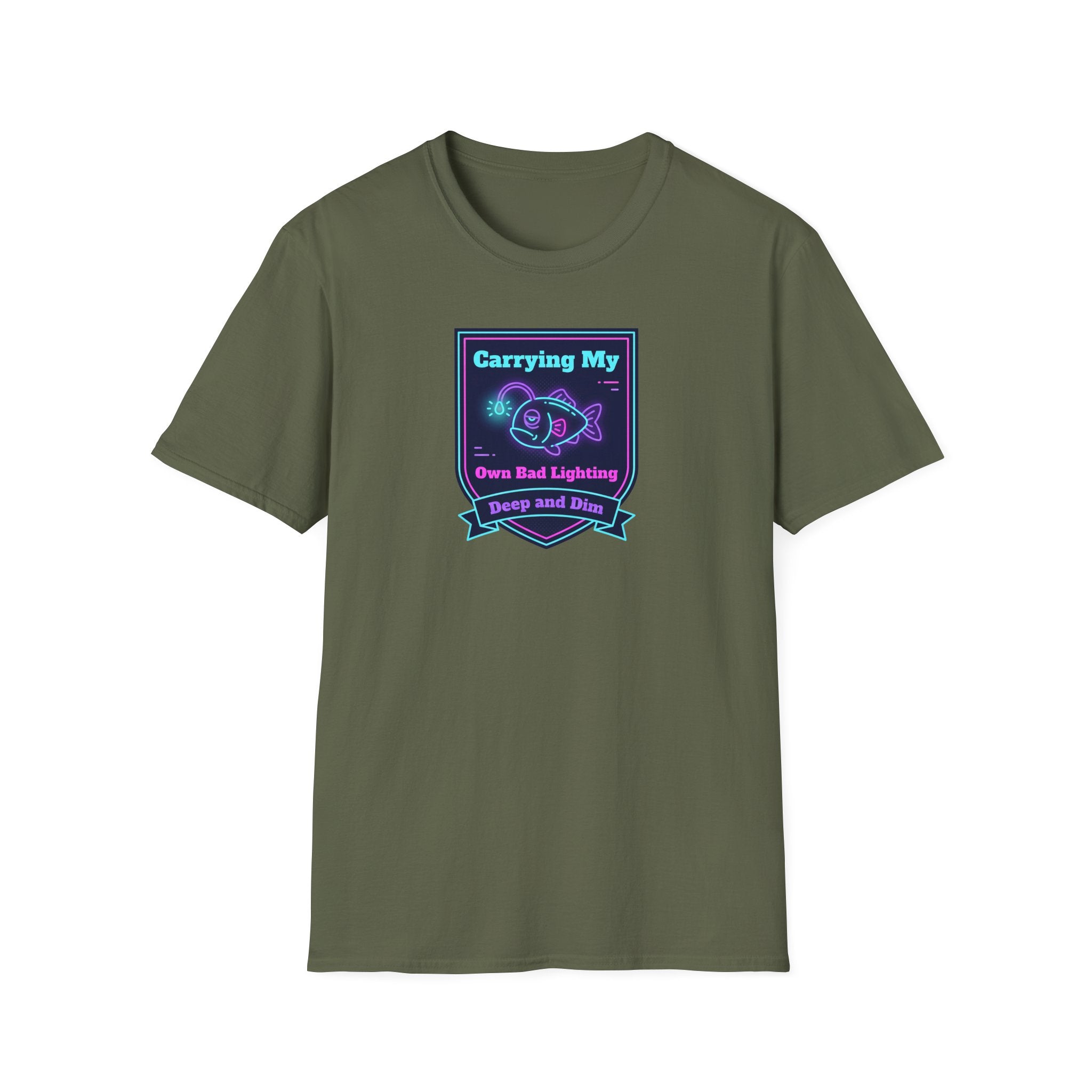 Military green short-sleeve T-shirt with neon anglerfish graphic centered.