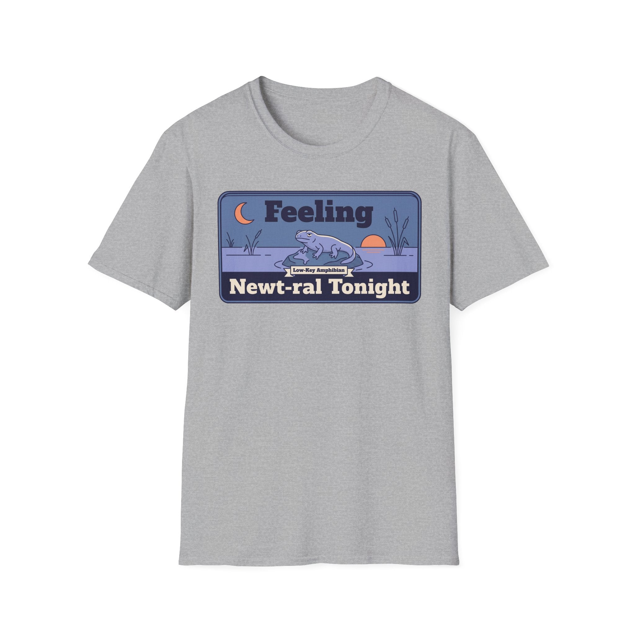 Light gray unisex t-shirt with rectangular newt graphic and “Newt-ral Tonight” lettering
