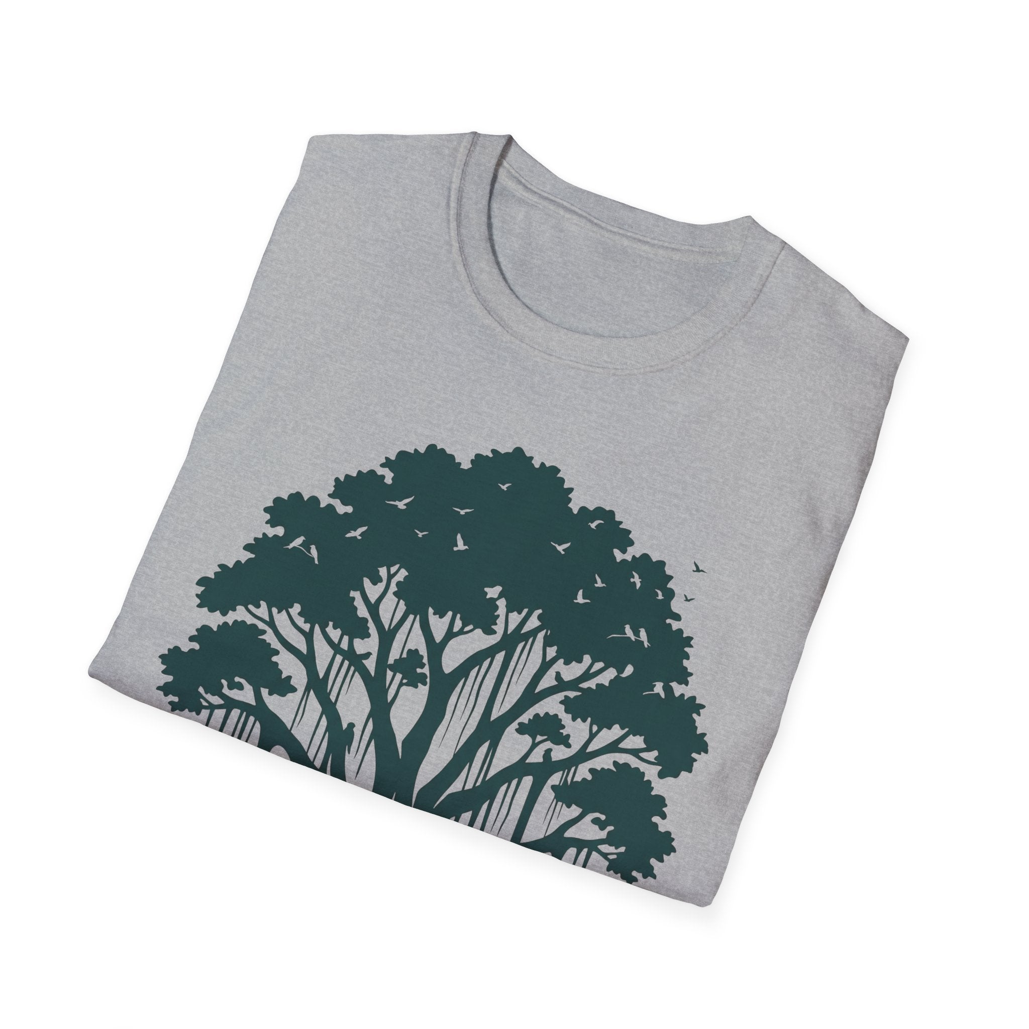 Light gray tee with teal banyan tree-and-birds graphic on chest