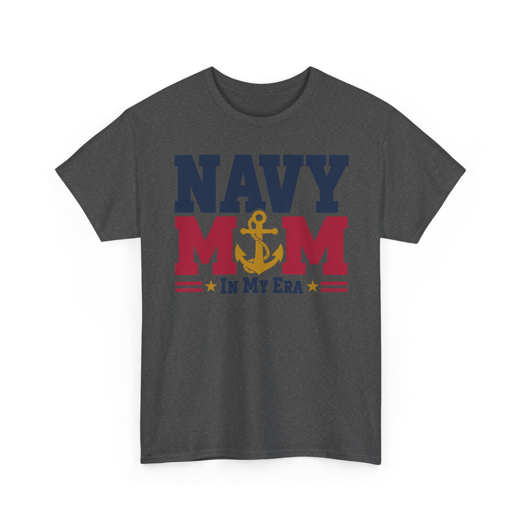 Charcoal gray T-shirt with NAVY MOM in my era patriotic anchor graphic