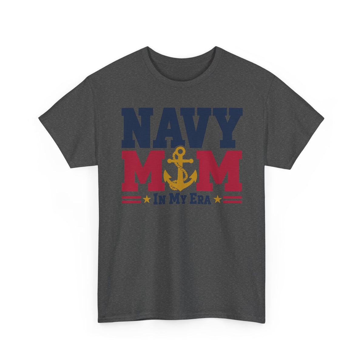 Charcoal gray T-shirt with NAVY MOM in my era patriotic anchor graphic